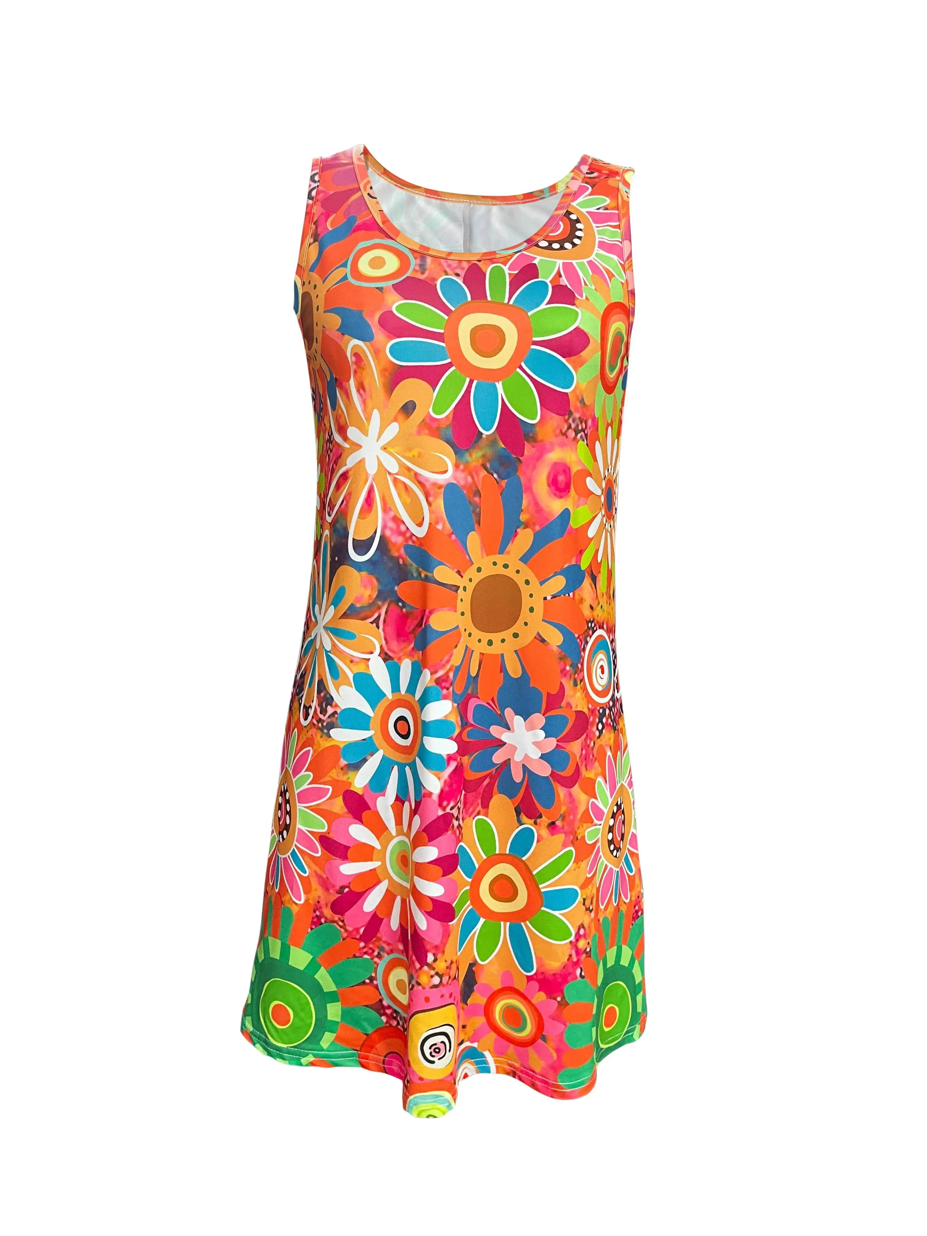 Women's Vibrant Floral Print Sleeveless Dress Spring/Summer Vacation Style Dress Fashion Sweet Womne Tank Mini Dress Tops VMA8