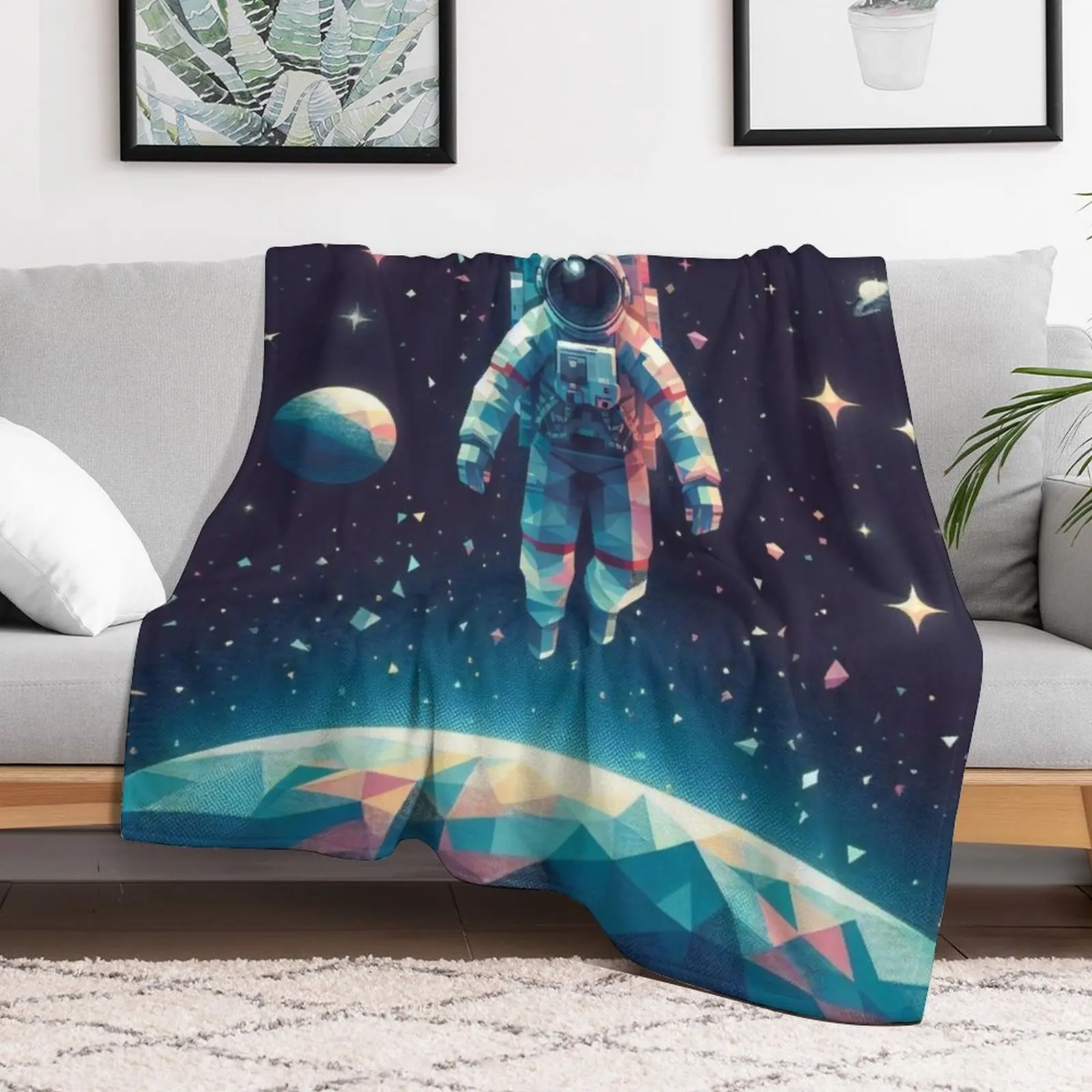 Astronaut Floating Above Geometric Planet in Starlit Galaxy Throw Blanket Luxury Cute Blankets