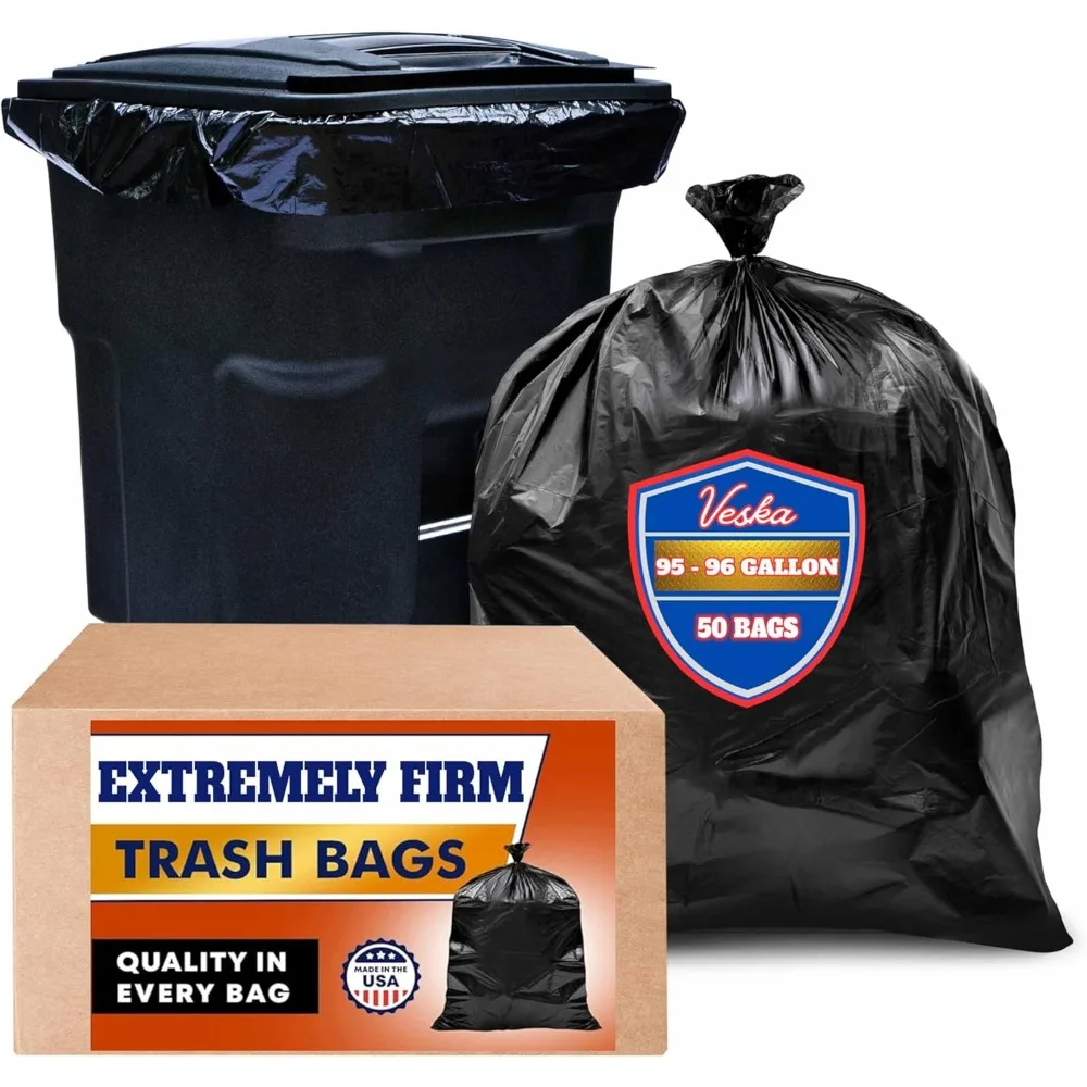 

95-96 Gallon Trash Bags Heavy Duty (MegaValue 50 Bags w/Ties) 100 Gallon Extra Large Black Big Trash Bags 90, 95, 96