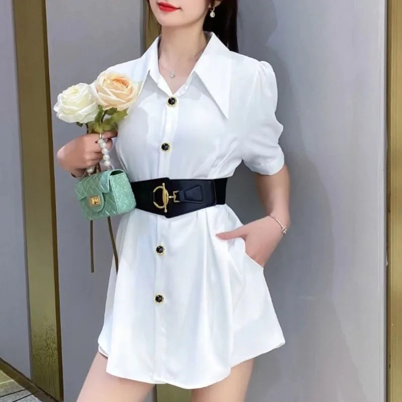 Women 2024 Summer New Korean Solid Color Fashion Square Neck Loose Versatile Cardigan Button Short Sleeve Mid Length Shirts Tops