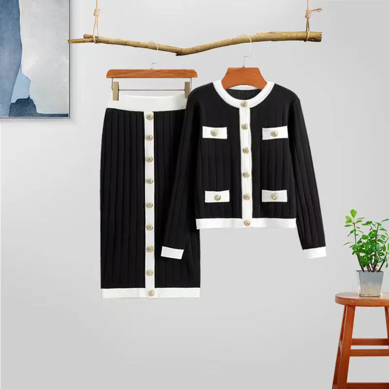 Korean Vintage Knit Skirts Sets Women New Slim O-neck Short Sweater Cardigan 2 Piece Suits Chic Button Malhas Faldas Conjunto