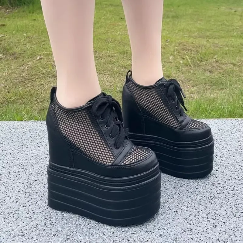 14 سنتيمتر 16 سنتيمتر جلد طبيعي النساء أحذية الصيف منصة أحذية رياضية صندل خشبي عالية الكعب جوفاء جلد طبيعي موضة أحذية رياضية