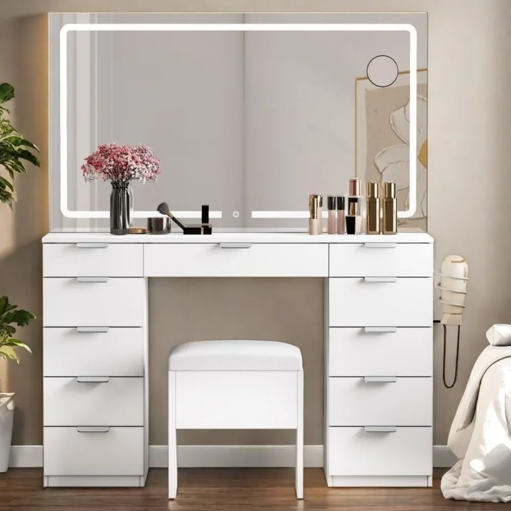 46'' Makeup Vanity Desk with LED Lighted Mirror & Power Outlet，Vanity Desk with 11 Drawers 3 Adjustable Lighting，Storage Bench