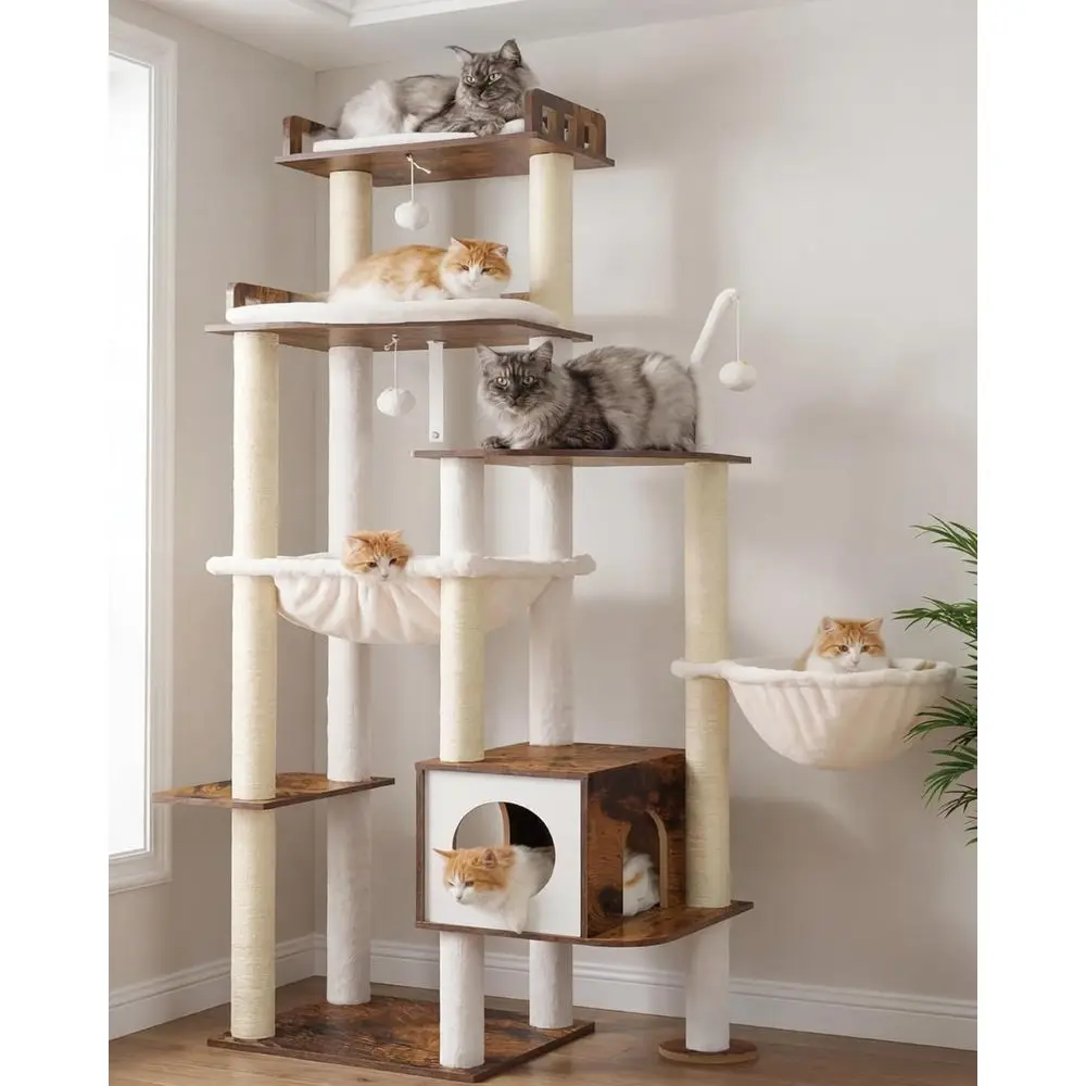 

Домик-шершень для кошек высотой 70,5 дюймов для крупных домашних кошек с устойчивой конструкцией, современной мебелью, сизалевыми стойками для когтеточков, домиком и гамаками