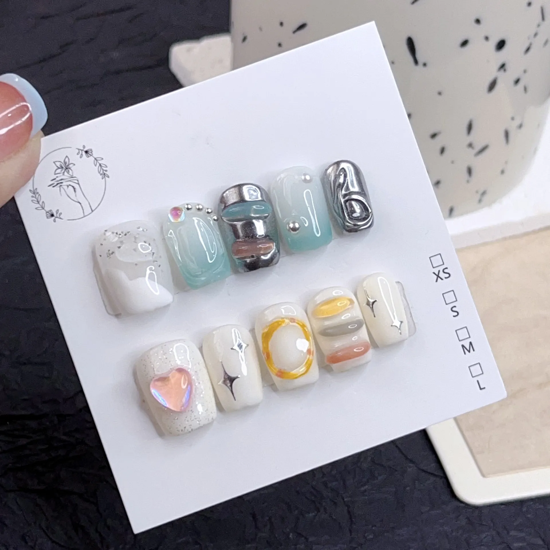 Emmabeauty Handmade Press On Nails Sweetheart Hand Painted Short Cute with Lovely Design for Fresh Style.No.19534