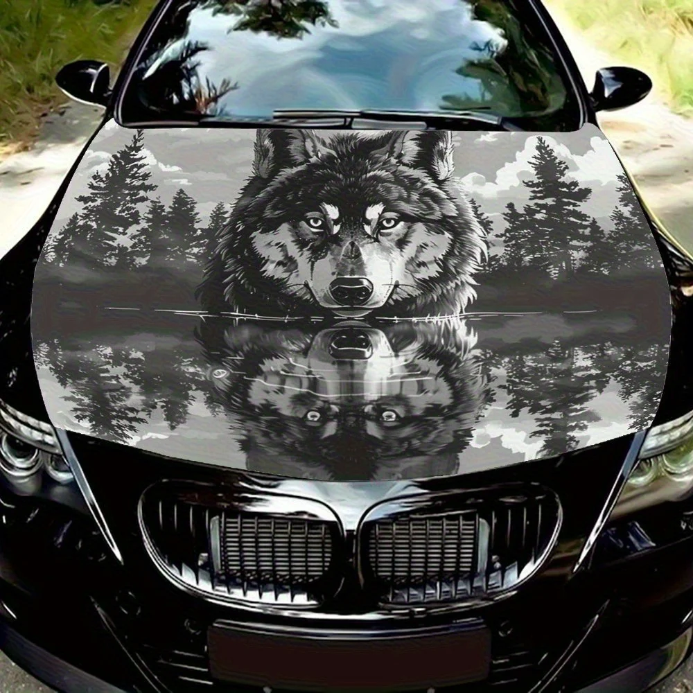 

Reflection Of The Wolf Vinyl Car Hood Wrap - Durable, Waterproof, And UV-Resistant PVC Sticker For Trucks, SUVs, And Boats With