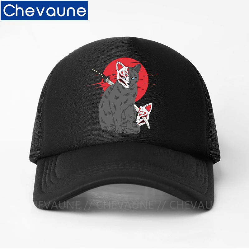 CHEVAUNE Fashion Caps Japanese Cat With Kitsune Mask and Katana Hip Hop Baseball Spring and Summer Outdoor Adjustable Casual Hat