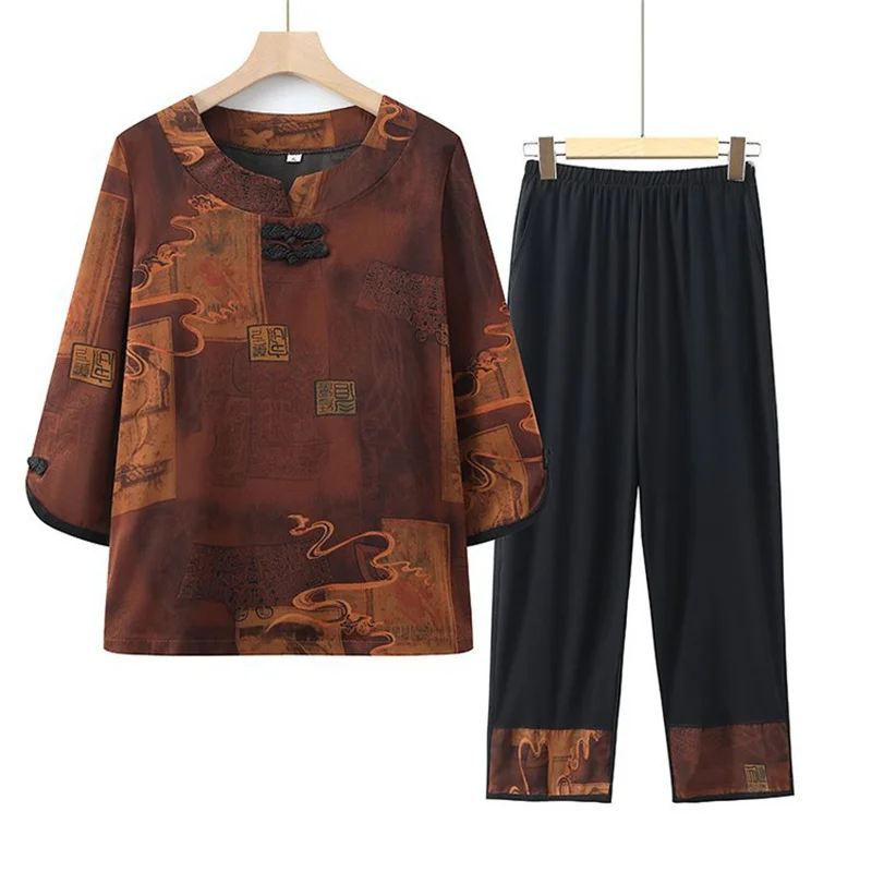 

XL-6XL Pajamas For Women 3/4 Sleeve Trousers Sets Retro Spring Autumn Grandma Home Clothes Casual Middle Aged Mother Sleepwear