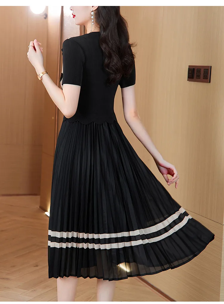 2024 Summer New Silk Printed Folded Dress Women\'s O-neck Short Sleeve Elastic Magic Knee length A-line Long Dress