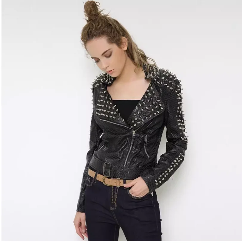 

Autumn and winter rivet lychee PU leather jacket for women, punk rock style short jacket