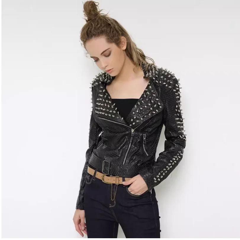 Autumn and winter rivet lychee PU leather jacket for women, punk rock style short jacket