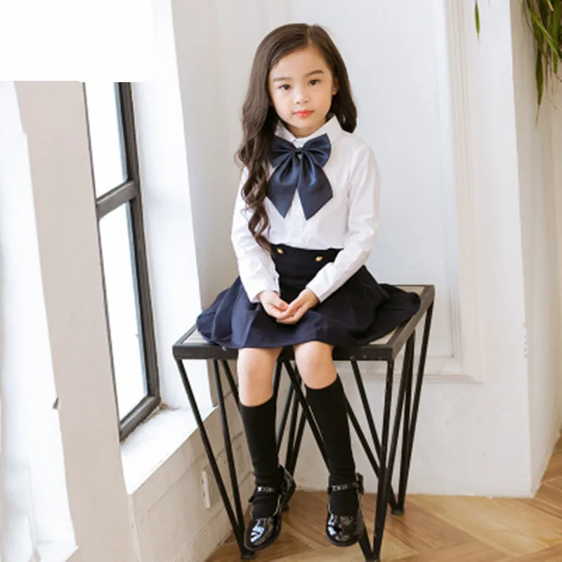 Kid's School Clothes Sets Primary Students Costume Japanese Korean School Uniform Boys And Girls White Shirt+Navy Skirt Tie