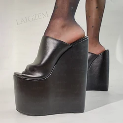 LAIGZEM Women Pumps 22CM Super High Heels Wedges Peep Toe Mules Height Increase Ladies Club Shoes Woman Large Size 38 41 44 48