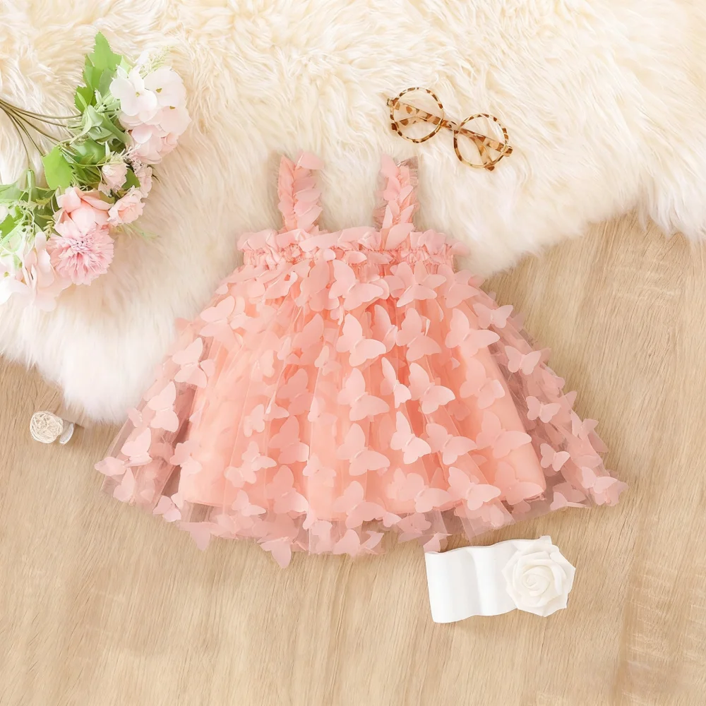 Baby Girl Dress Summer Butterfly Mesh Suspender Girl Dress Cute Wedding Flower Girl Outfit Baby Girl Clothes ﻿