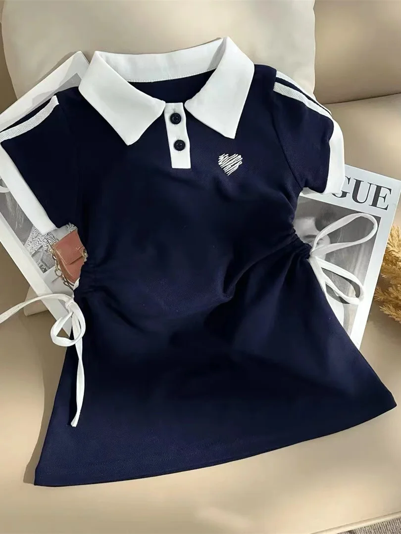 

Girls' Preppy Sle Dstring Ne ort Sve Dr Casual Summer New Arrival Children's Faion Dr