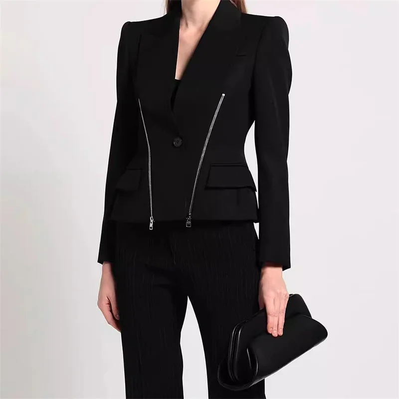 Women's jacket 2024 autumn New outerwear Zipper waist cinching slim fit women's suit jacket wool blend Women's coats y2k Blazer