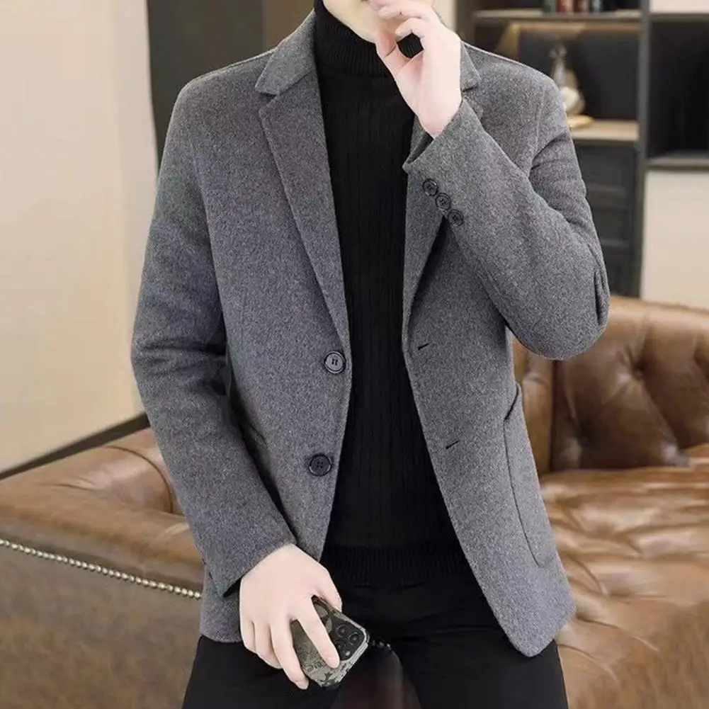 Wool Suit Coat Lapel Long Sleeve Single Breasted Two-Button Jacket with Pockets Solid Color Suit Jacket