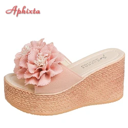 Aphixta 3.54 pollici tacco a zeppa scivoli da donna tessuti di cotone Appliques scarpe pantofole infradito piattaforma spiaggia taglie forti 42 43