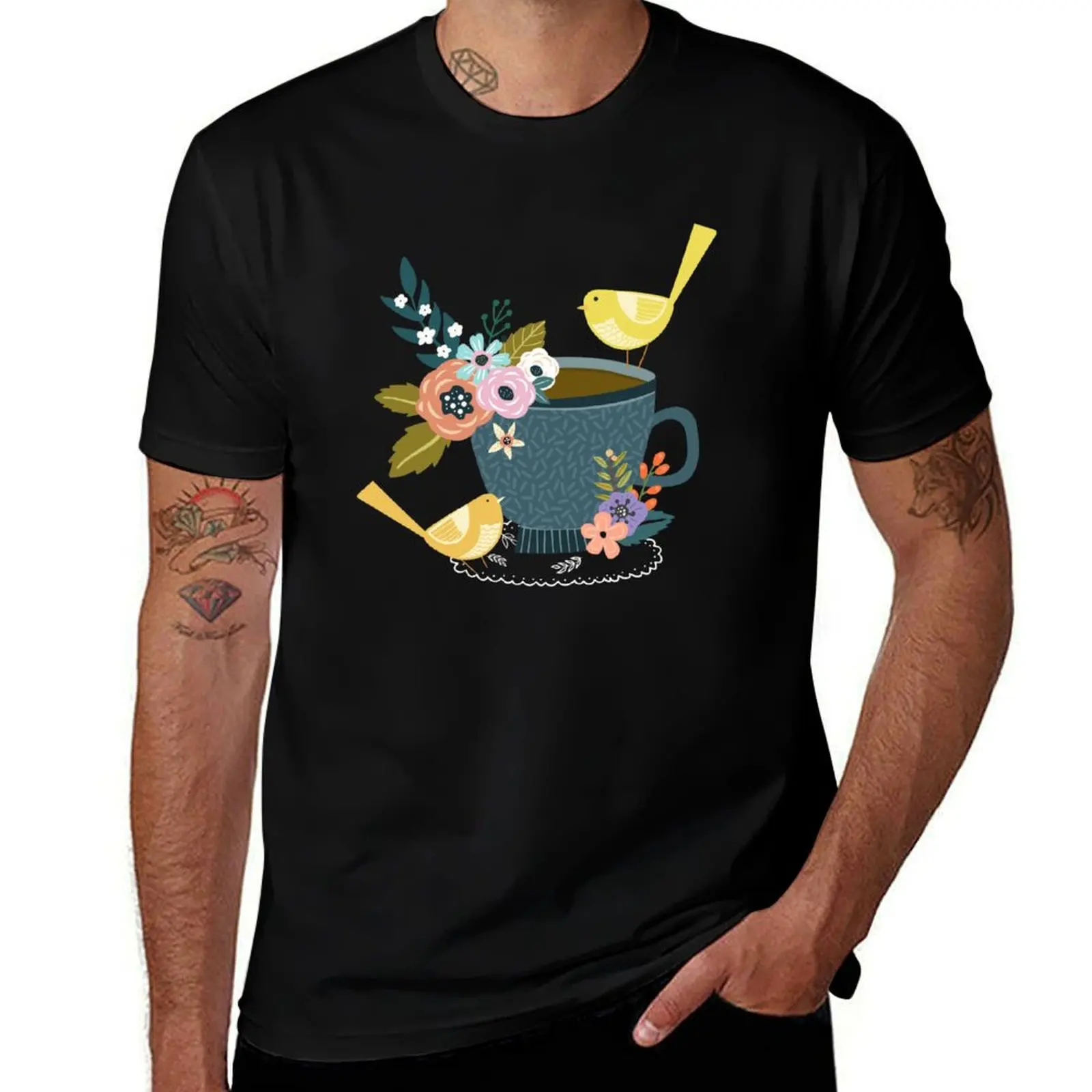 Twin Finches Tweeting At Tea Time T-Shirt Dry Fit Athletic Short Sleeve Shirt T-Shirt