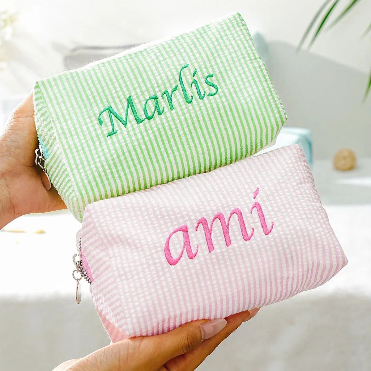 Embroidered Name Striped Travel Toiletry Bag Personalized Custom Cosmetic Portable Polyester Storage for Travel School Dorm Home
