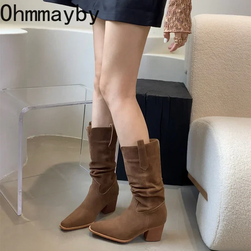 Vintage Suede Women Western Cowgirl Boots Fashion Slip On Shoes Autumn Winter Thick Heel Ladies Mid Calf Booties