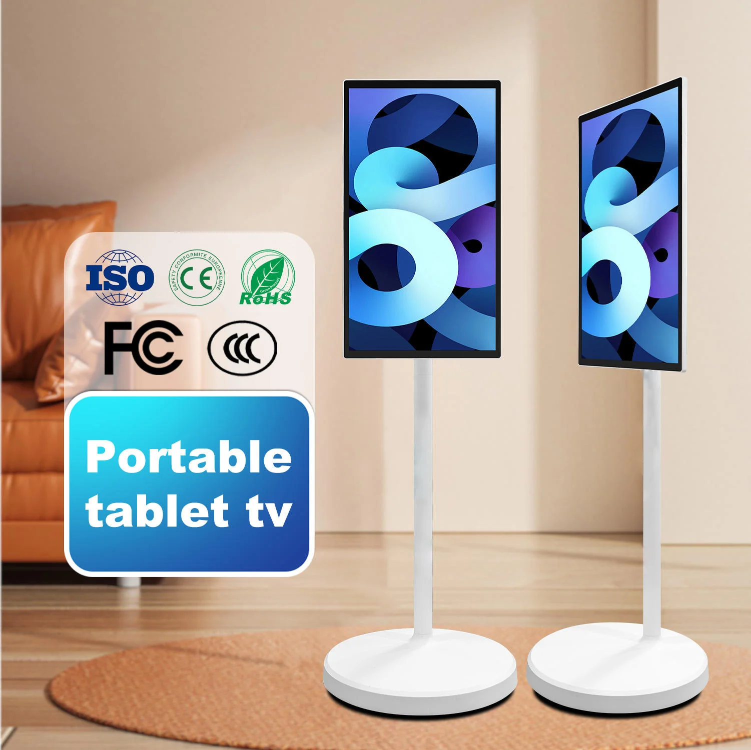 White 32-Inch Portable Android Smart TV LED Backlight Floor-Standing Vertical Display Stand Follow-Me Touch Screen Mobile TVs