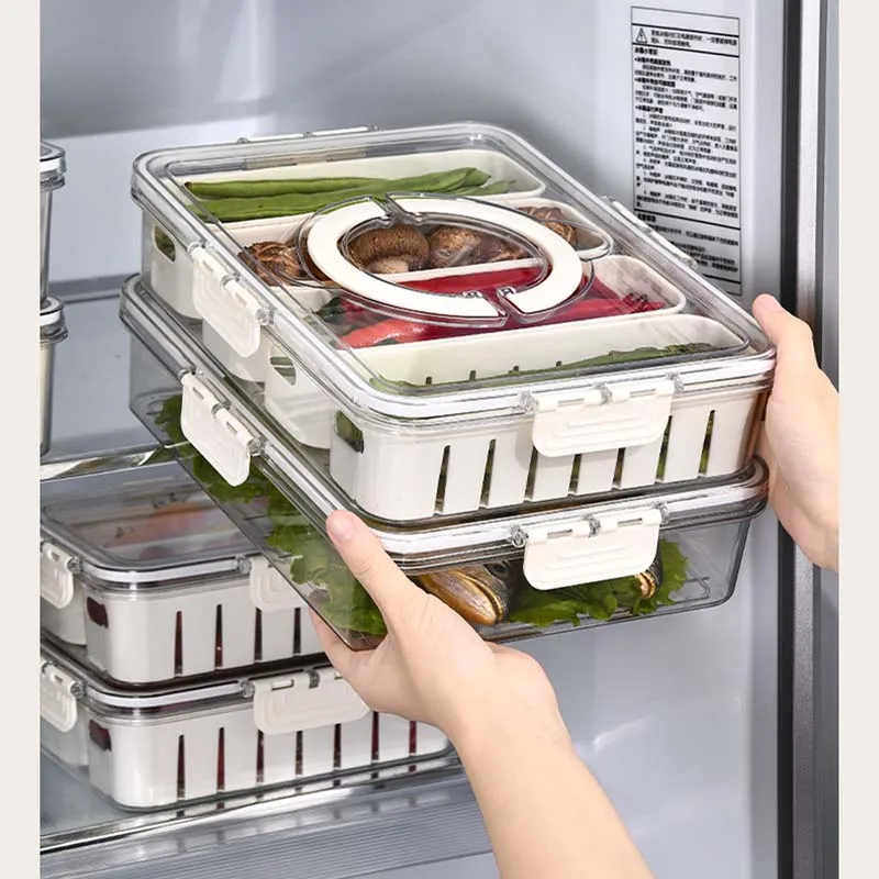 Refrigerator Storage Box 4 Grids Food Storage Box with Lid & Handle Kitchen Drain Basket Fresh Vegetable Fruit Fresh-keeping Box