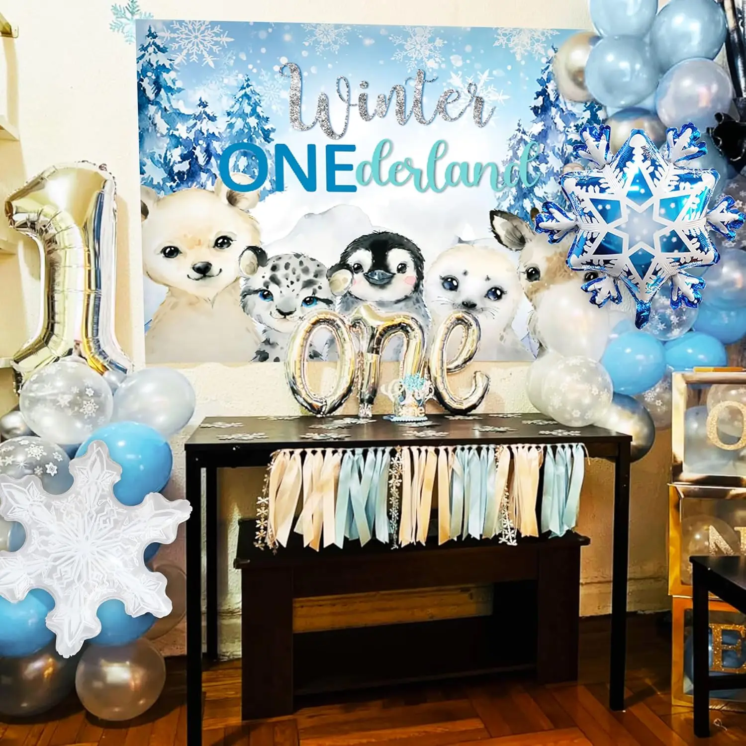 Laventy Winter Onederland 1st Birthday Decoration Snowflake First Birthday Party Backdrop Penguins Number Foil 1 Balloons