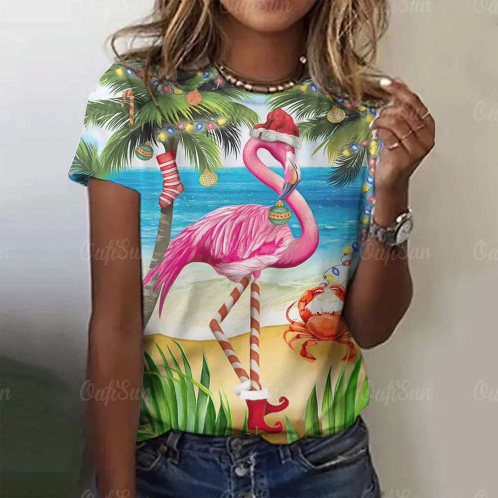 Flamingo T Shirt for Women\'s New O Neck Pullover Fashion Casual Short Sleeve Tee Shirt Hawaiian Women\'s T-Shirt Tops Streetwear