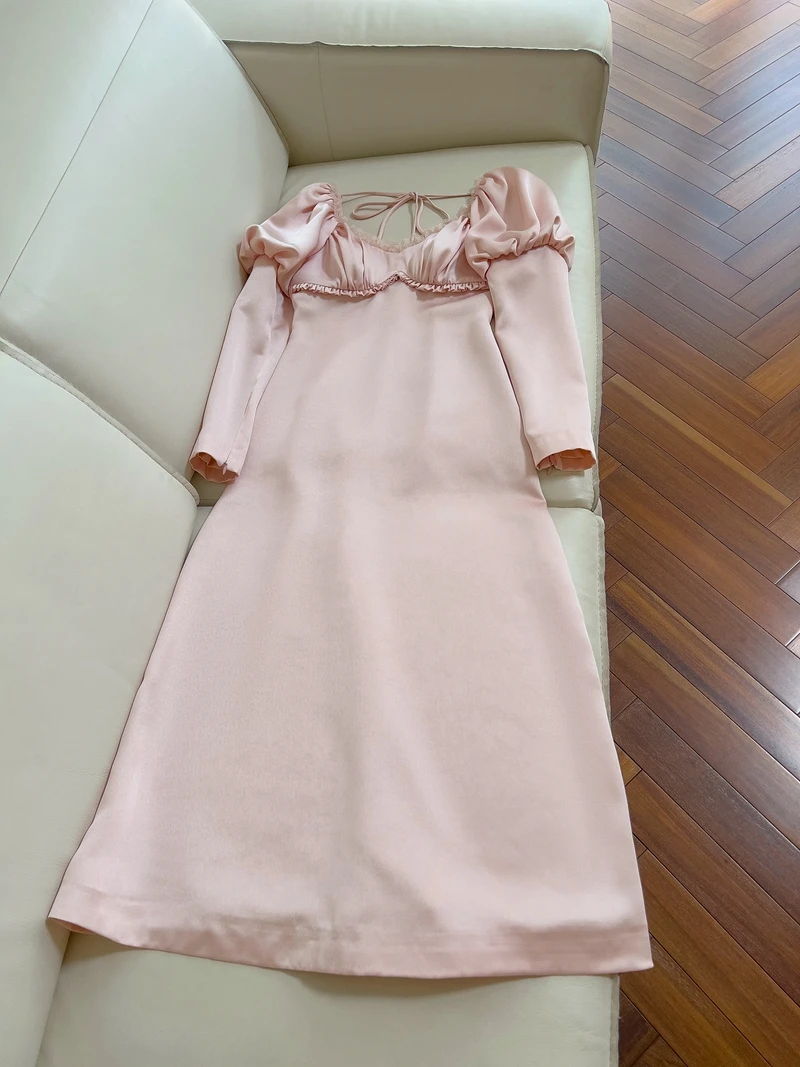 

Ранняя осень, розовый, сладкий, первая любовь, приталенный крой, с квадратным воротником, Bubble Sve, женский др. для женщин