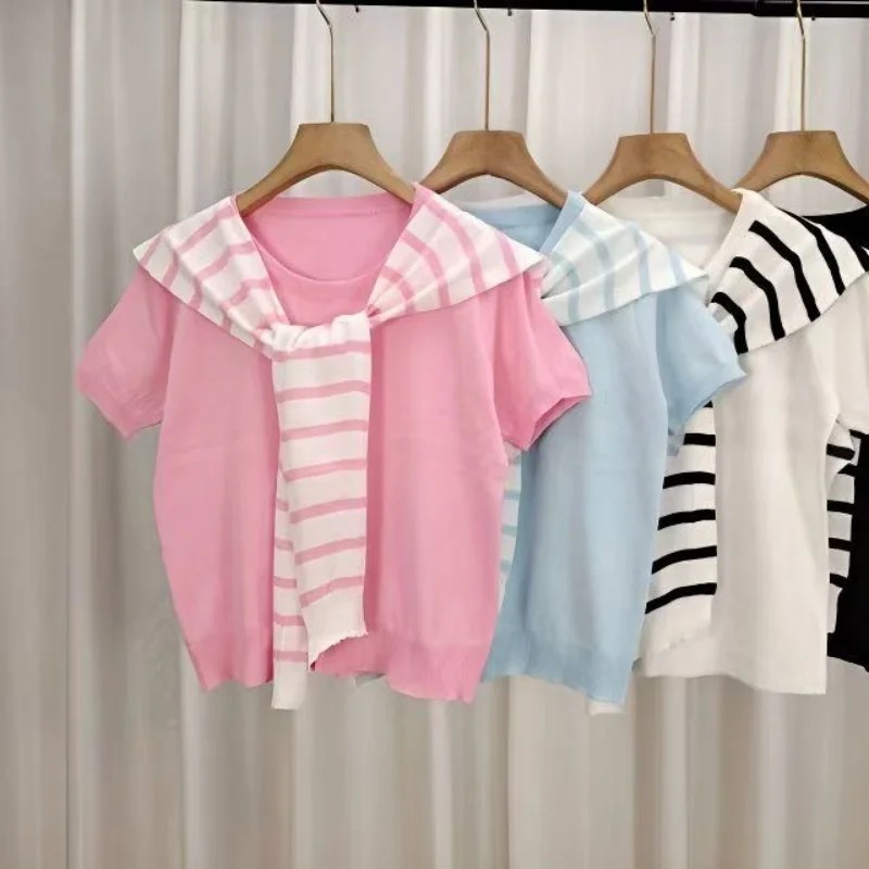 

Sweet Girl's Casual Fake 2 Piece Top New In Korean Chic Lady's Short Sleeve T-Shirts & Blouses Stripe Patchwork Pullover Elegant