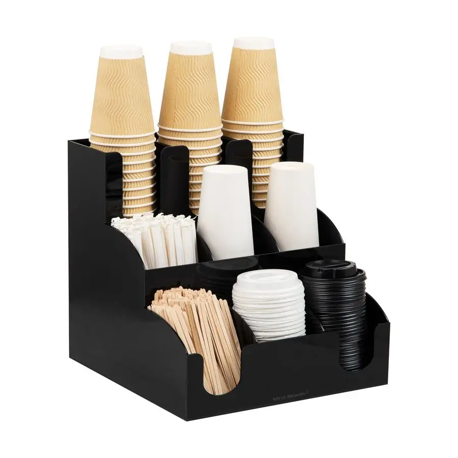 

Cup and Condiment Station, Countertop Organizer, Coffee Bar, Kitchen, 12.25L x 12.25W x 11.75H, Black