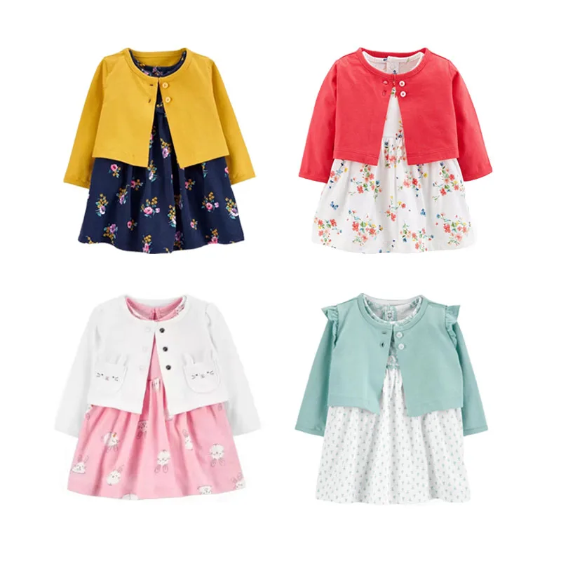 Spring Baby Girls Bodysuit Sets Cotton Floral Button Dress+ Long Sleeves Coat Infant Clothing 2PCS Newborn Baby Girls Clothes