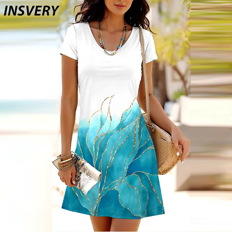 Elegant Women Dress Boho O Neck Short Sleeve Printed Party Dress Women Casual Short Sleeve Beach Holiday Loose Dress Boho