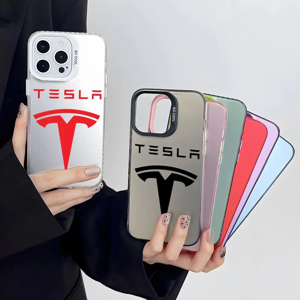 Funda T-Tesla Car Logo Phone Case Colored Silver Trendy Phone Case For IPhone 16 15 14 13 12 Pro Max 11 2024 Fashion Couple