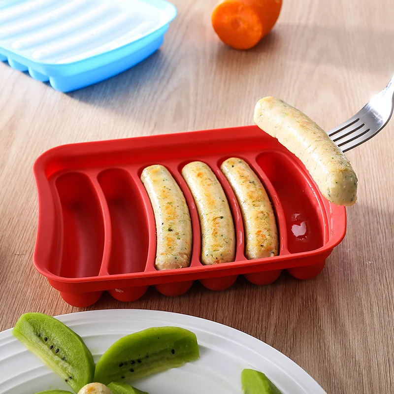 6-Grid Hot Dog Sausage Mold Food Grade Silicone Household Ham Hot Dog Making Tray Household Cake Baking Mold with Cover Kit Tool