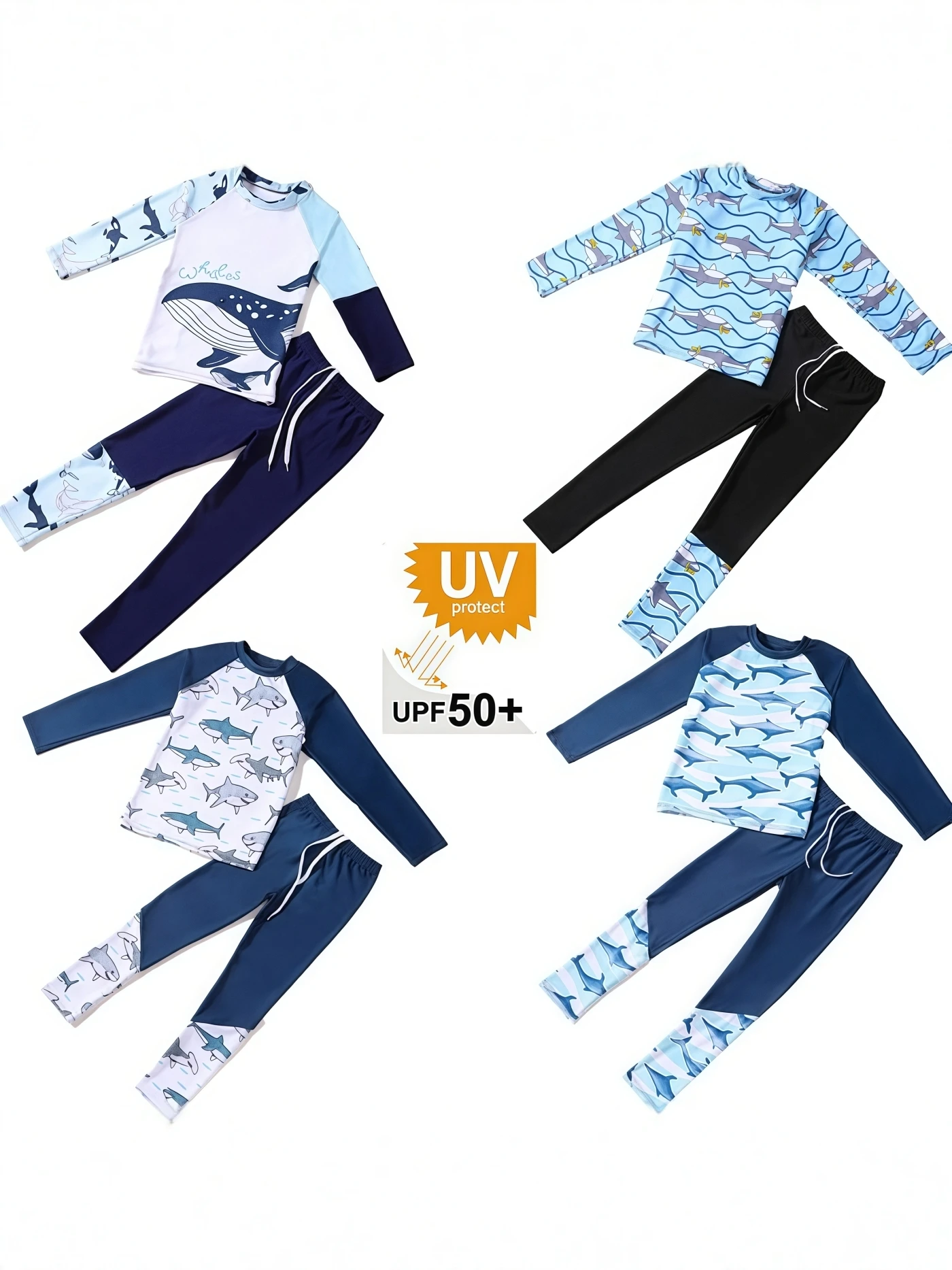 Children's Swimming Suit UPF50 Sun Protection Long Sleeve Pants Shark Cartoon Print Quick Dry Separate Set Boys Swimming Wear