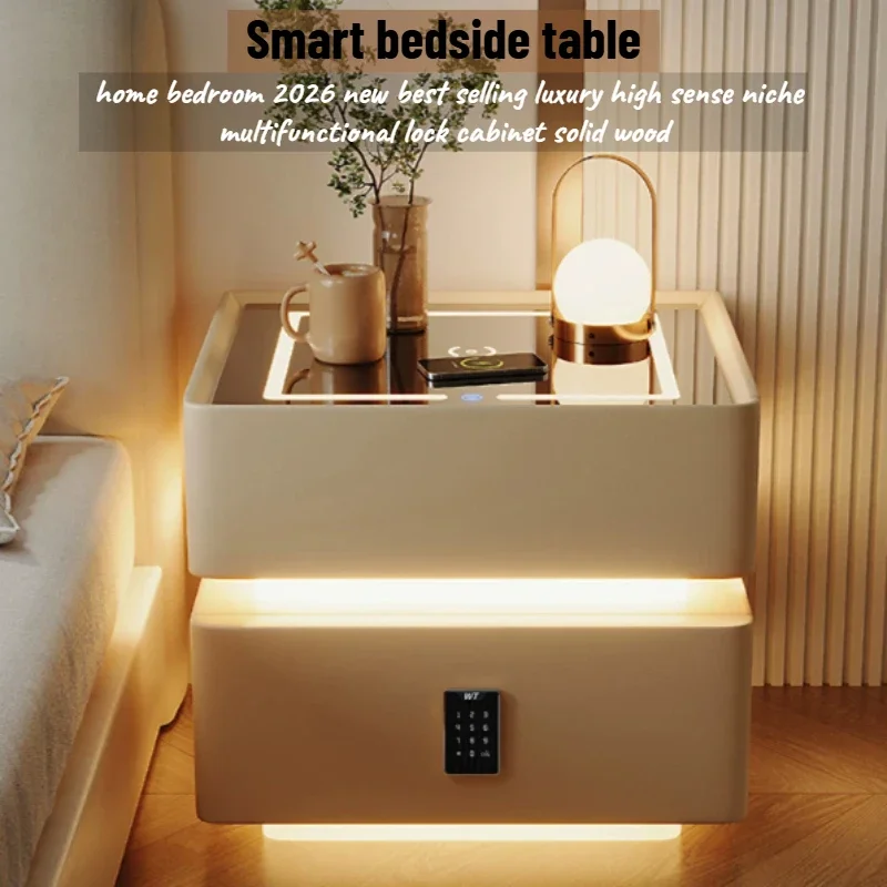 Secret Storage Smart Bedside Table Floating Drawer Cabinet Modern Smart Nightstand Cool Beige Mesita Noche Nordic Furniture