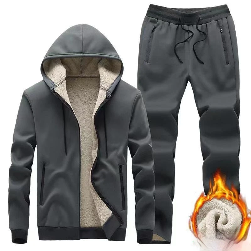 

2025 Winter Men's Fleece Tracksuit Set Hooded Zip Up Jacket Pants Warm Men's Sportswear Sportswear Set Jogging Suits for Men