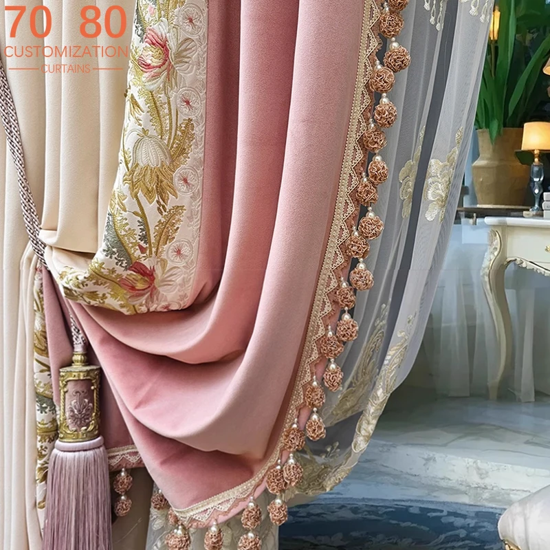 High-end European Pink Princess Style Embroidered Patched Curtains for Living Room Bedroom Dining Room Villa Customized Products