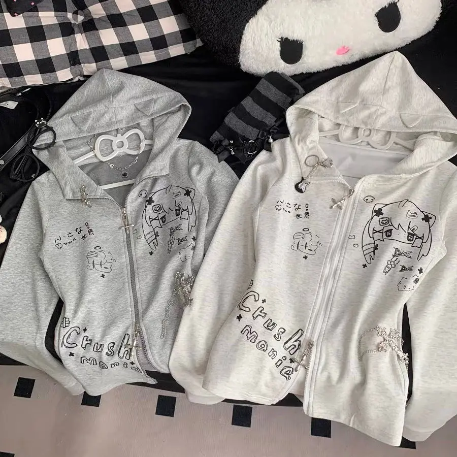 

Cat Ears Hooded Long Sleeved Hoodie Spring Autumn Zipper Cardigan Jacket Korean Ins Trendy Slim Fit Anime Hoodie Women Y2k Top