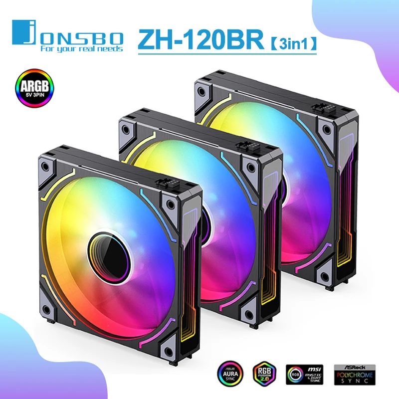 

Jonsbo ZH-120BR Reverse Case Fan 5V 3PIN ARGB PWM Magic Fans Thousand Layer Mirror Light Effect 120mm ZH-120 CPU Cooling Fan