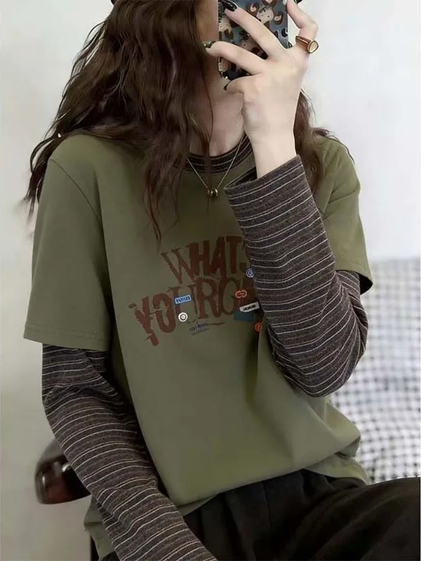 Women's Long Sleeve T-Shirt Striped Layering Design Spring Autumn Loose Slim Fit Letter Print Top Trendy Korean Style Commute