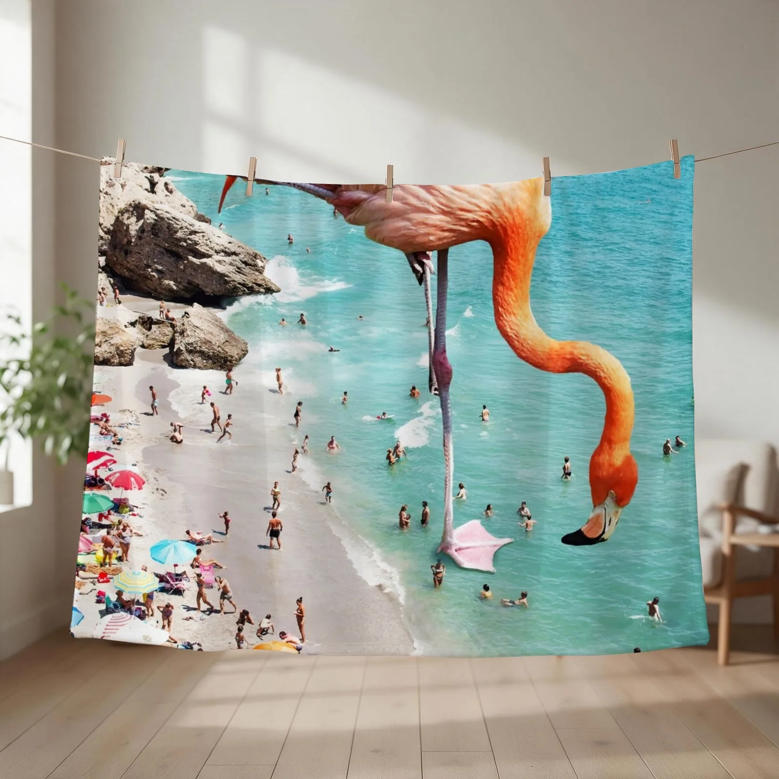 Flamingos on the Beach, Wildlife Surrealism Birds, Nature Flamingo Fantasy Beach Summer Photography Throw Blanket