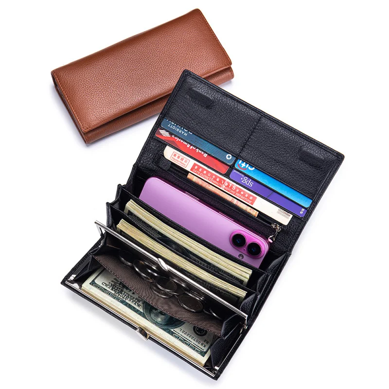 Western Cowhide Leather Long Large Capacity Clip Women Wallet Multi-functional Phone bag Purse for Ladies