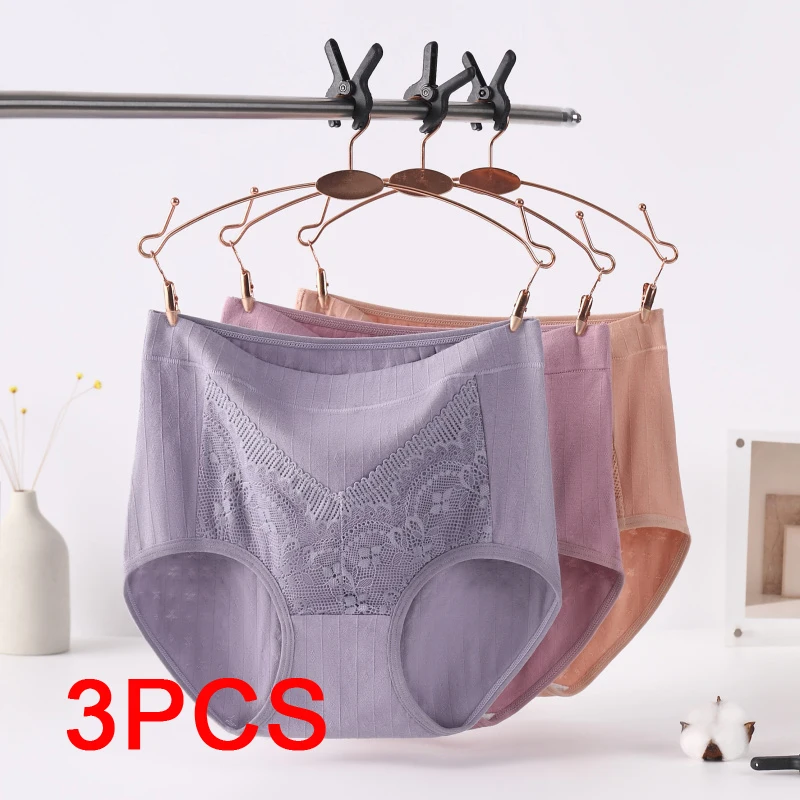 

3PCS High Waist Cotton Lace Seamless Panties Plus Size Lingerie Underwear Women Woman Briefs Sexy Underware Female Triangular