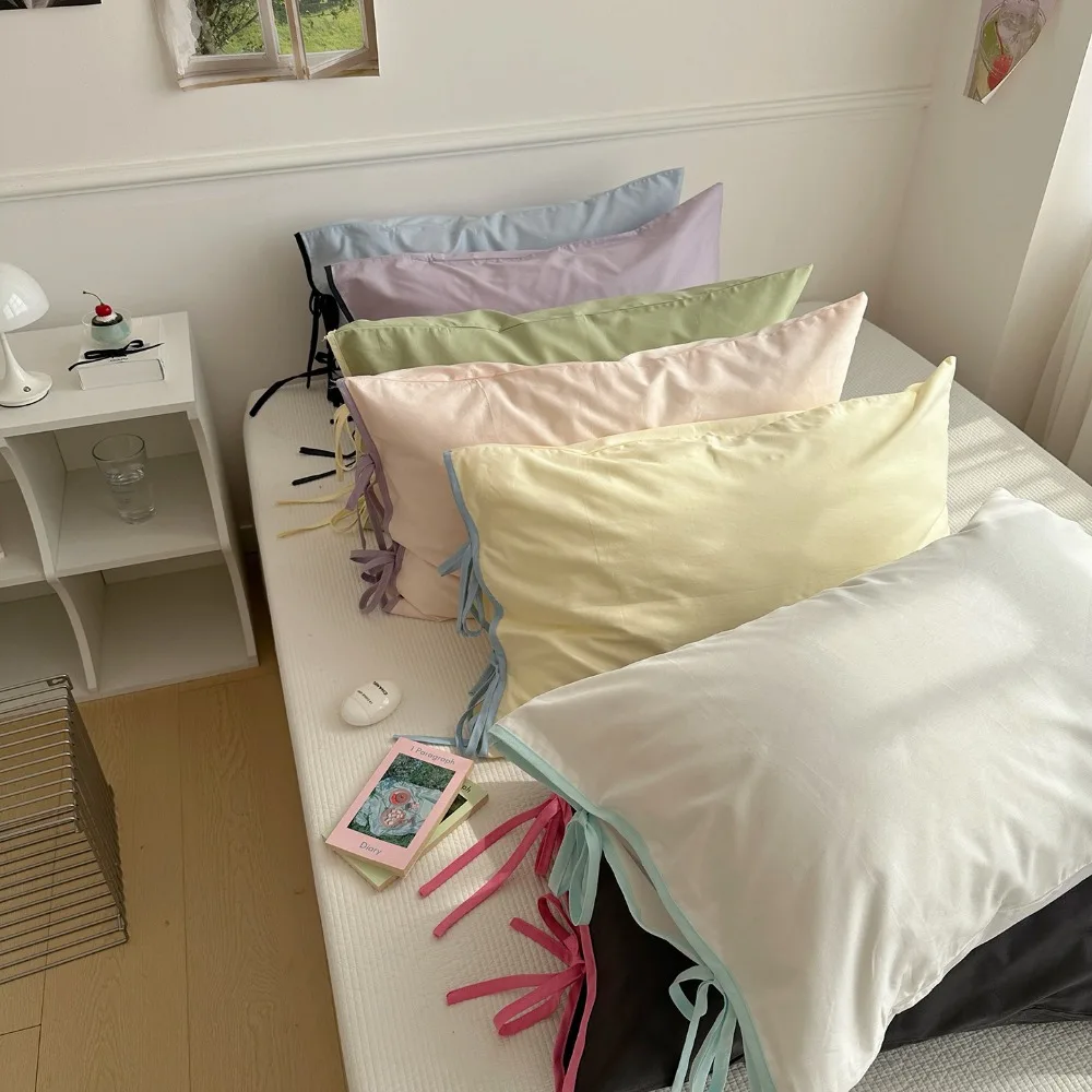 

2PCS Comfortable Solid Color Bow Pillow Cover Nordic Style Breathable Cotton Pillowcases Soft Washable Cushion Covers Kids Room