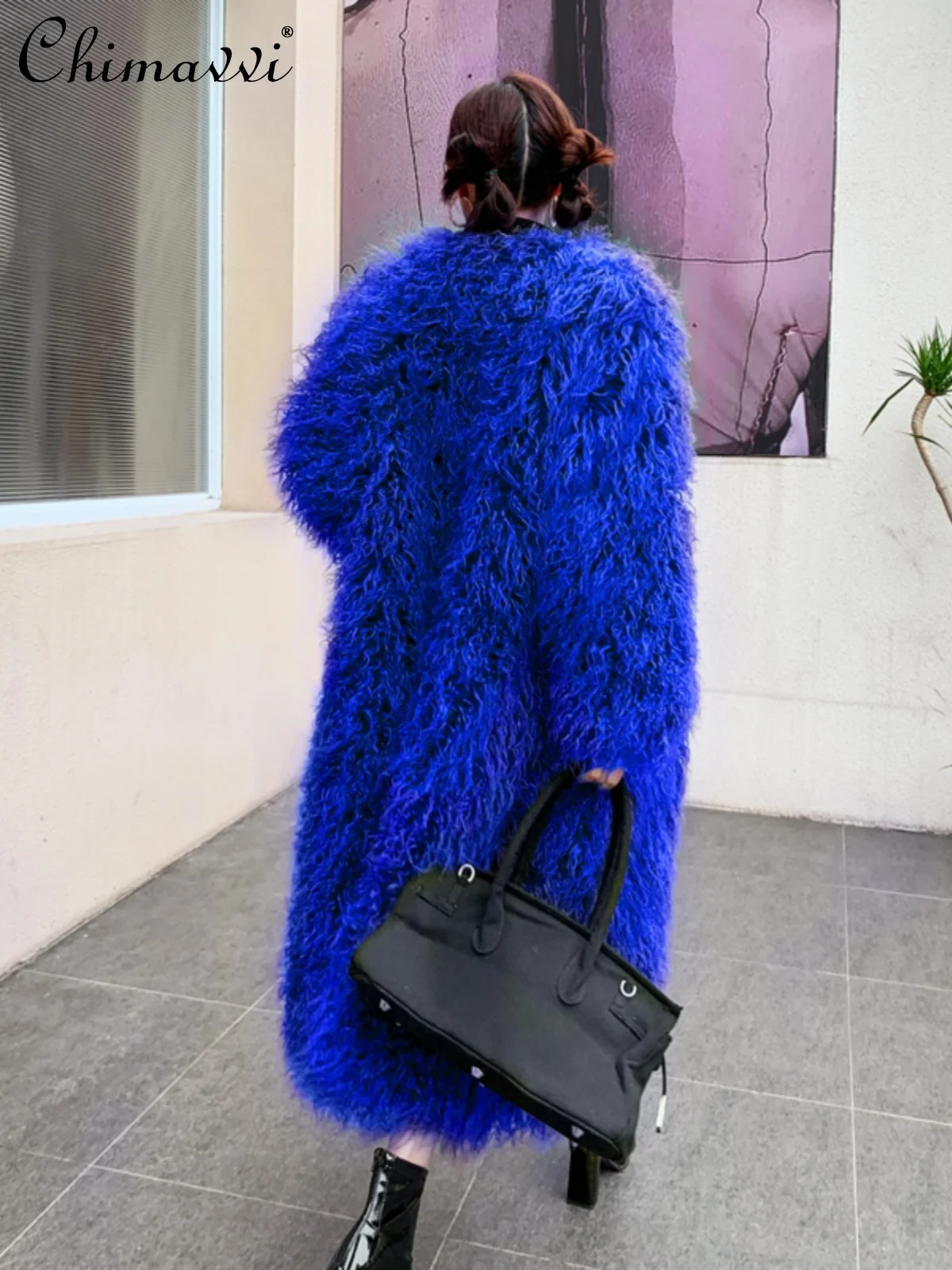 Autumn Winter New High-End Luxury Gem Blue Color Fur Jacket Long-Sleeved Warm Mongolia Sheep Fur Long Fur Temperament Coats