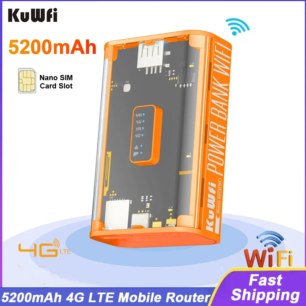 KuWFi 5200mAh 4G LTE Router Proteble Mobile Travel Router 150Mbps Wireless Wi-Fi Hotspot USB Output TypeC Charging SIM Card Slot