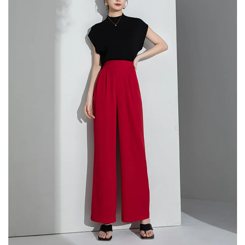 

Women Fashion Straight Leg Trousers For Spring Summer Thin Pants Red Black High Waisted Loose Casual Elastic Band Long Length
